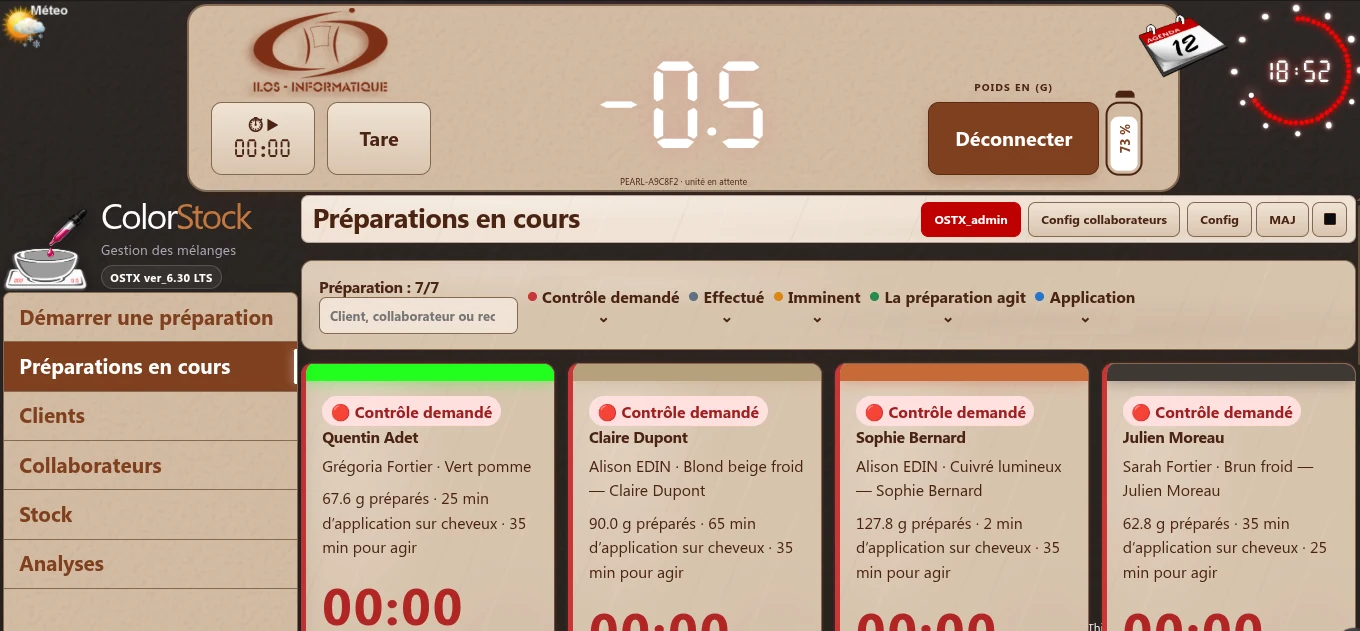 Interface ColorStock affichant les préparations en cours et le poids de la balance en temps réel
