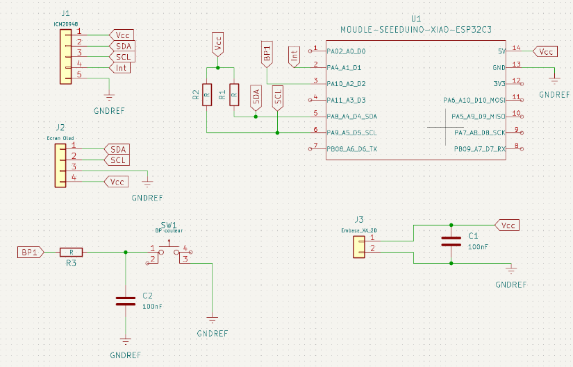 Schéma électronique de la télécommande inertielle avec l’ESP32-C3, l’ICM-20948 et l’écran OLED